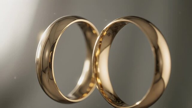 Two gold rings interlocked glistening with light against a neutral background