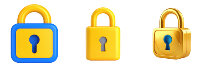 Three Dimensional Plastic Style Padlock Icons on Transparent Background Illustrating Security Privacy and Protection in Yellow Gold and Blue Color Tones