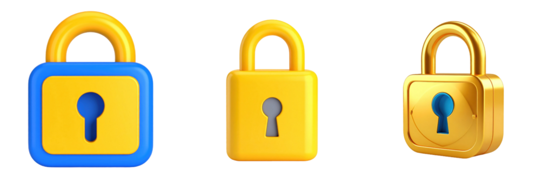 Three Dimensional Plastic Style Padlock Icons on Transparent Background Illustrating Security Privacy and Protection in Yellow Gold and Blue Color Tones