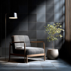 Modern interior black wall armchair floor lamp potted plant sunlight minimal style cozy elegant peaceful atmosphere