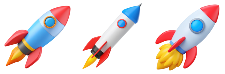3D Plastic Style Rocket Icons Showcasing Blue White And Red Color Schemes with Yellow Fire Elements Isolated on a Transparent Background