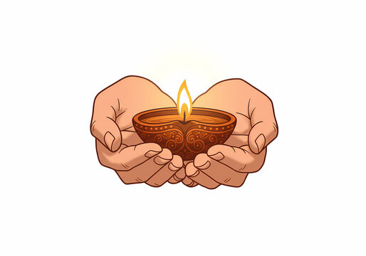 Hands holding decorative oil lamp with flame rising softly  
