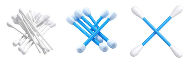 3D Plastic Style Cotton Swabs Isolated On Transparent Background Representing Healthcare And Hygiene Products With White And Blue Color Combinations