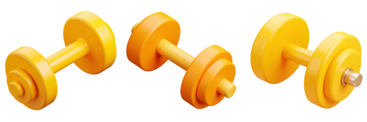 3D Plastic Style Dumbbells in Varying Angles Depicting Fitness Elements on Transparent Background