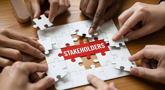 Team collaborates on puzzle pieces, building a unified vision for stakeholders