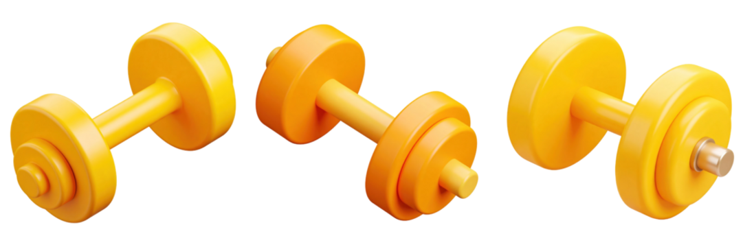3D Plastic Style Dumbbells in Varying Angles Depicting Fitness Elements on Transparent Background