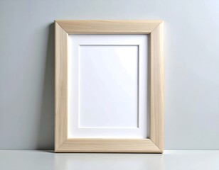 Empty Wooden Photo Frame Leaning Against a Light Gray Wall.