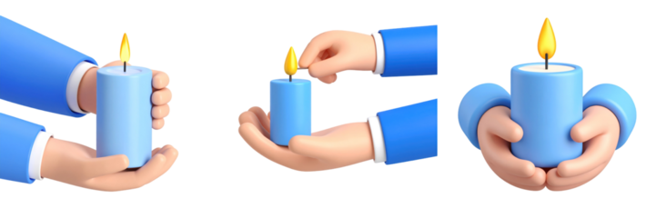 Hands in Blue Sleeves Lighting a Blue Candle with a Flickering Yellow Flame on a Transparent Background