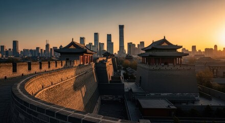 Naklejka premium Ancient city walls meet modern skyline at sunrise