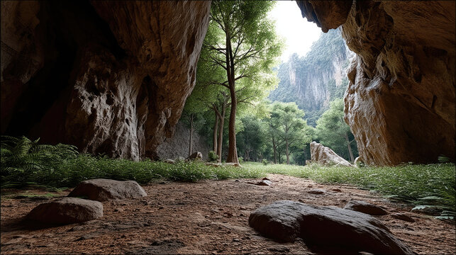 Cave stone side perspective forest sunlight green tree rocky ground natural landscape peaceful atmosphere outdoor wilderness