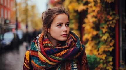 Naklejka premium Beautiful Young Woman Enjoying Autumn Walk in Colorful Scarf and Jacket