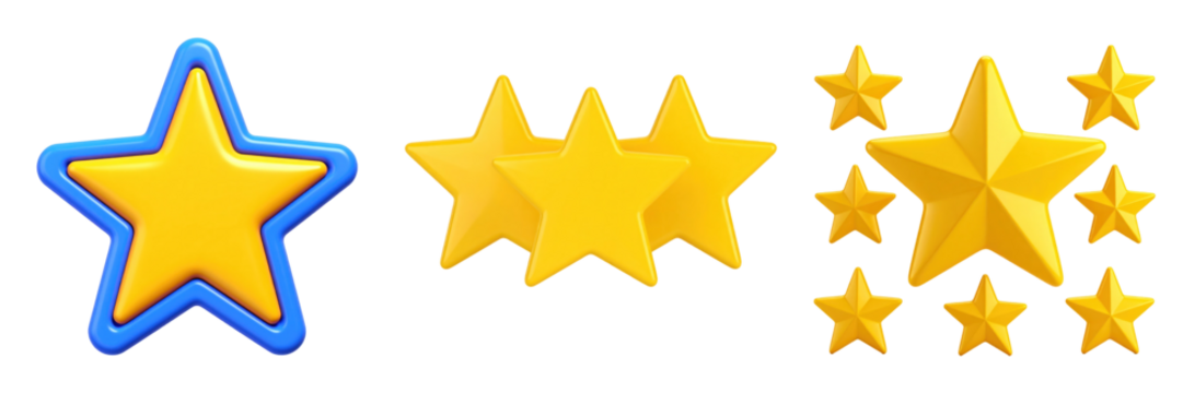 3D Plastic Style Star Icons Collection with Yellow And Blue Colors Isolated On Transparent Background - Powered by Adobe