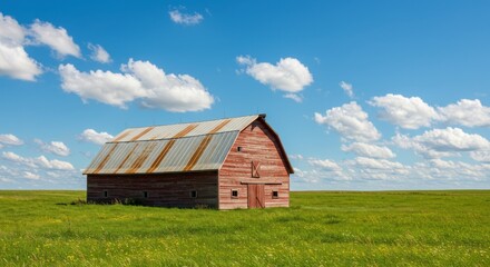 Obraz premium A weathered, red, two-story wooden structure sits on a vibrant green meadow under a brilliant blue sky dotted with fluffy white clouds
