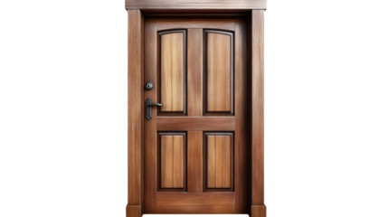 Brown wooden door on transparent background.