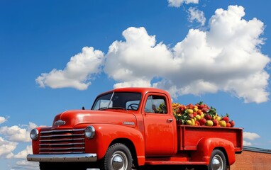 Vintage Red Truck Loaded with Fresh Produce Against Blue Sky