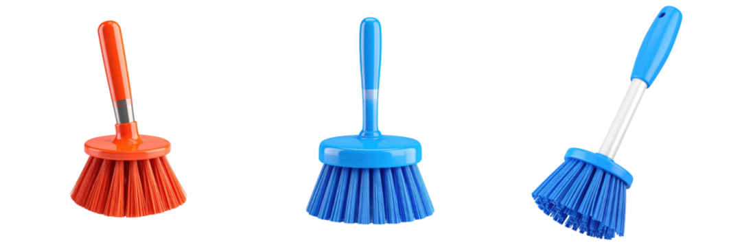 Three Dimensional Plastic Style Toilet Brushes with Red and Blue Hues Against a Transparent Background