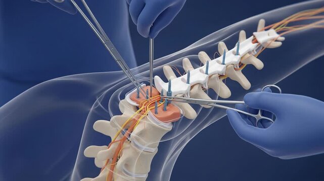 Holographic projection of spinal surgery shows precise placement of pedicle screws and nerves in vertebrae