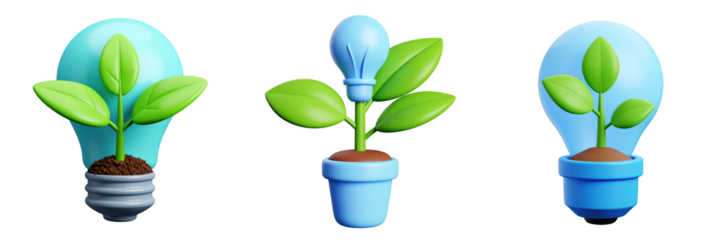 3D Plastic Style Icons of Lightbulbs Containing Green Plants Representing Sustainable Growth and Fresh Ideas on Transparent Background