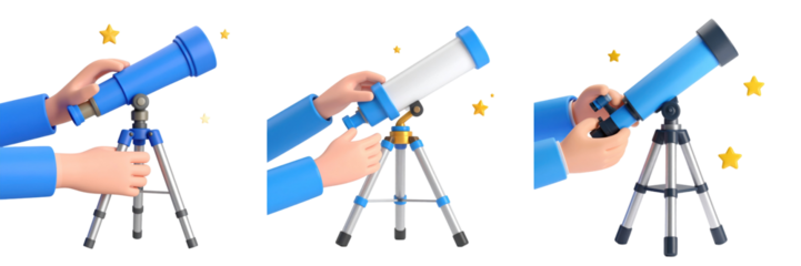 Hands In Blue Sleeves Adjusting A Blue And White Telescope On A Tripod With Animated Golden Stars Against A Transparent Background