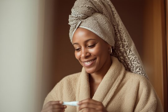 Smiling happy African American woman holding a positive or negative pregnancy test in her bathroom wearing bath robe and towel. Family planning and fertility and infertility concept.