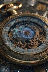 Obraz premium Ornate Pocket Watch with Galaxy Inside, Gold Gears and Roman Numerals