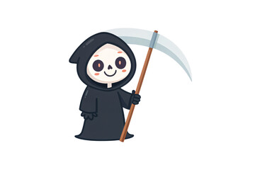 Obraz premium Adorable cartoon death character with friendly skull face, black hood, wooden scythe, kawaii art style, isolated on a transparent background