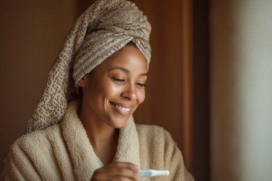 Smiling happy African American woman holding a positive or negative pregnancy test in her bathroom wearing bath robe and towel. Family planning and fertility and infertility concept.