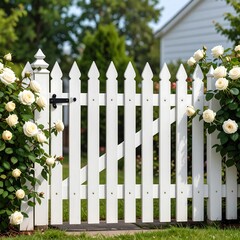 Fototapeta premium White picket fence gate with roses