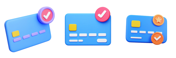 3D Plastic Style Credit Card Icons Showing Checkmarks and Gold Coin Reward On A Transparent Background