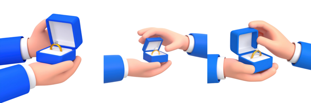 Hands in Blue Sleeves Exchanging a Ring Box Presenting an Animated Diamond Ring for a Romantic Marriage Proposal on a Transparent Background