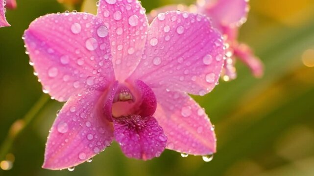 A pink orchid flower glistens with droplets Blurred greengold background