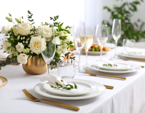 Elegant table setting with white roses, golden cutlery and champagne glasses