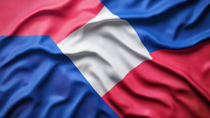 Fototapeta premium Close-Up of White and Red Flag with Blue Sections in Textured Fabric