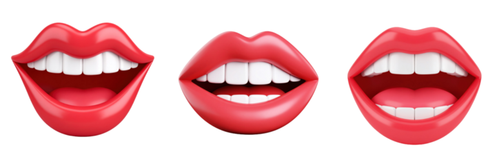 Three Dimensional Plastic Style Mouths in Red with Open Expressions and White Teeth Isolated on a Transparent Background