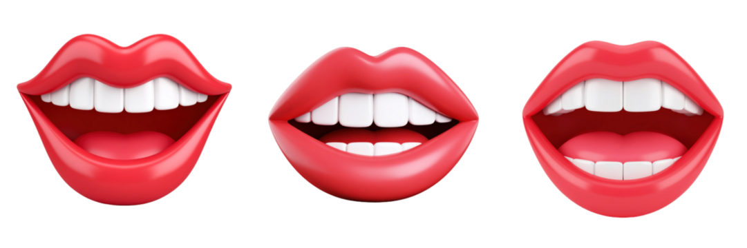 Three Dimensional Plastic Style Mouths in Red with Open Expressions and White Teeth Isolated on a Transparent Background