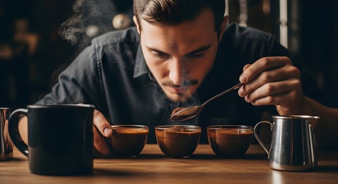 Professional barista performing a coffee cupping ritual, smelling the aroma from a spoon for quality control.