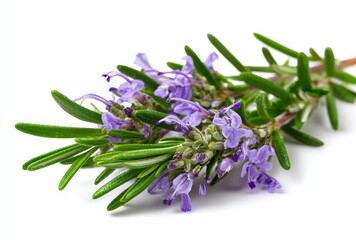 Obraz premium Fresh sprig of lavender with purple flowers and green leaves isolated on white background