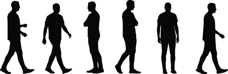 Silhouette, walking, standing arms crossed, standing arms at sides, people, posture, motion, activity, lifestyle, design, animation, gesture, movement, human, vector illustration