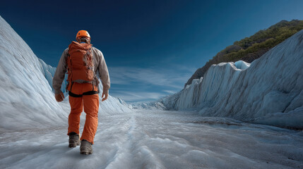 Adventurer glacier ice mountain outdoor backpack orange helmet exploration nature walking determination cold landscape sky