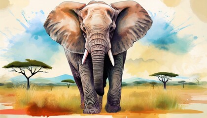 african elephant in the savannah watercolor painting