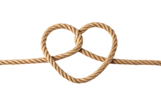 Rope heart with interlocking loops displaying unity, partnership, and intertwined relationships in love, isolated on a transparent background