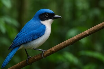 Fototapeta premium Cyanolanius madagascarinus Madagascar blue vanga perched on tree branch in tropical forest