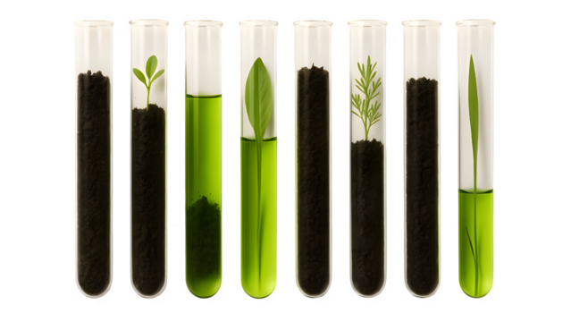 Close-Up of Test Tubes with Soil Samples and Plant Extracts on Transparent Background