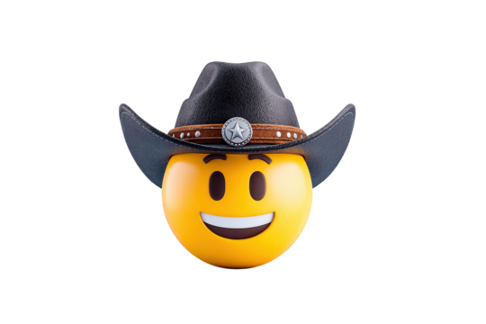 Smiling Emoji Face Wearing Cowboy Hat on Transparent Background - Powered by Adobe