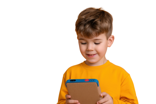 Young Boy Wearing Yellow Shirt Using Tablet Computer on Transparent Background