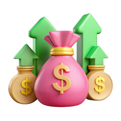 Obraz premium 3d money bags and upward arrows isolated on transparent background