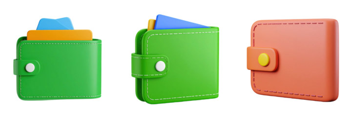 3D Plastic Style Wallets Collection Green And Orange With Blue And Yellow Card Details On Transparent Background