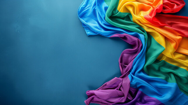 rainbow LGBTQ flag, blue background. June proud pride month parade, gay marriage, coming out day concept, human rights, tolerance.