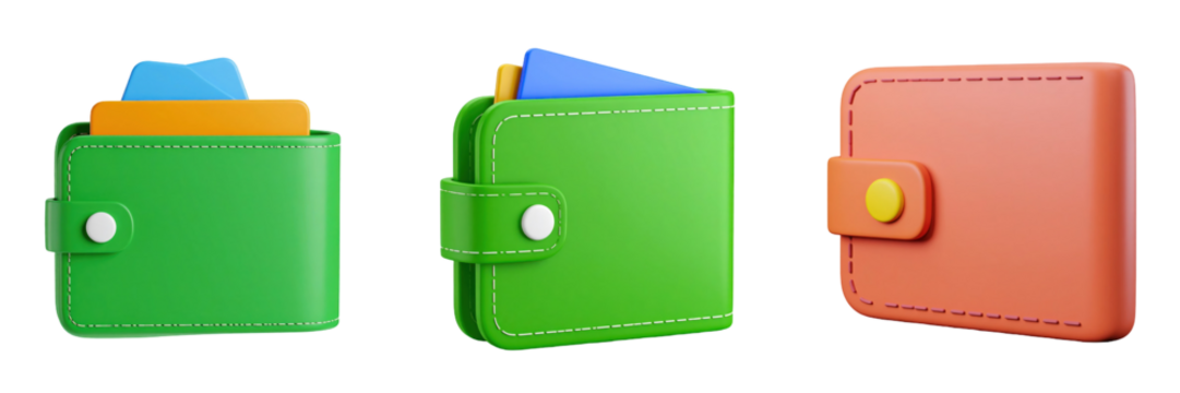 3D Plastic Style Wallets Collection Green And Orange With Blue And Yellow Card Details On Transparent Background - Powered by Adobe