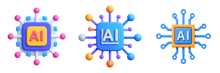 Three Dimensional Plastic Style Artificial Intelligence Icons Depicting Circuit Board Designs with AI Text on Transparent Background